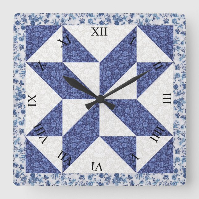 Reloj Cuadrado Calico Faux Quilt azul y blanco (Anverso)