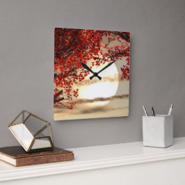 Reloj Cuadrado Cálida noche bajo el árbol rojo - Arte digital