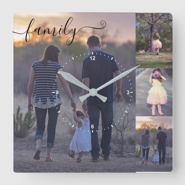 Reloj Cuadrado Caligrafía de plantilla de fotos de la familia de  (Anverso)