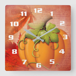 Reloj Cuadrado Calligrafía vintage Hojas otoñales y calabaza