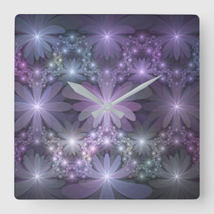 Reloj Cuadrado Cama de flores arte fractal abstracto brillante de