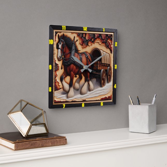 Reloj Cuadrado Camino del vagón: Clydesdale, madera charrada pers (Oficina)