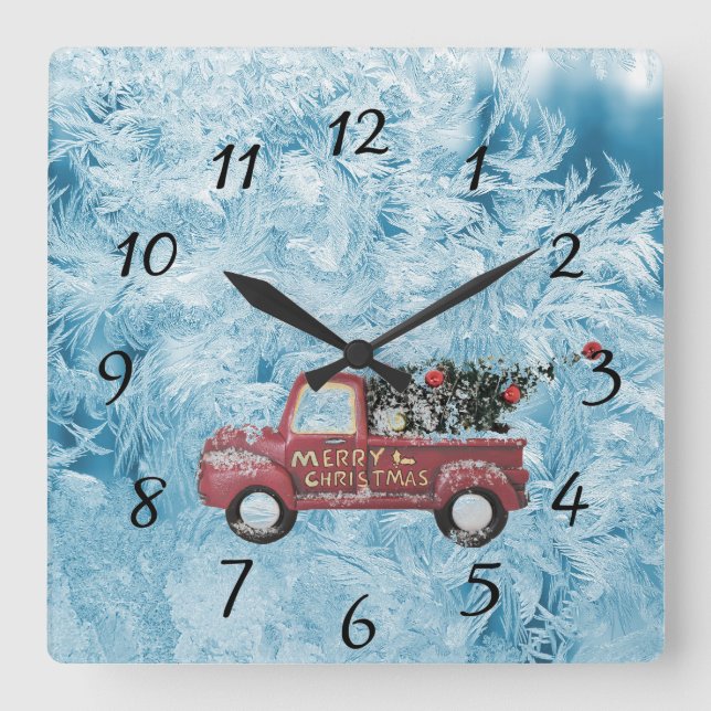Reloj Cuadrado camión de cosecha roja sobre fondo de copo de niev (Anverso)