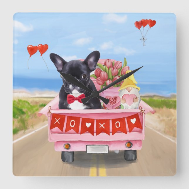 Reloj Cuadrado Camión El día de San Valentín de Bulldog francés (Anverso)