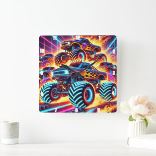 Reloj Cuadrado Camiones de Monstruo Neon en un incandescente paqu