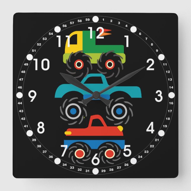 Reloj Cuadrado Camiones Monster Guay Regalos verdes rojos azules  (Anverso)