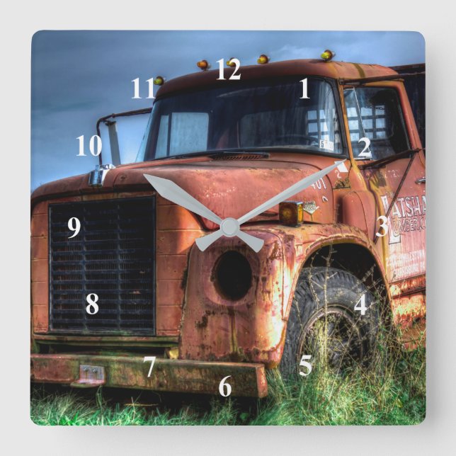 Reloj Cuadrado Camioneta pickup internacional roja antigua (Anverso)