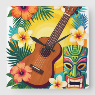 Reloj Cuadrado Camiseta de Vibraciones de Fiesta Tiki Luau Ukulel