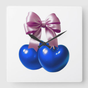 Reloj Cuadrado Camiseta estética de lazo de cereza coquette azul