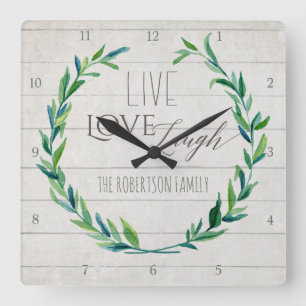 Reloj Cuadrado Campesina Shiplap Madera Rústica Leaf Wreath Famil