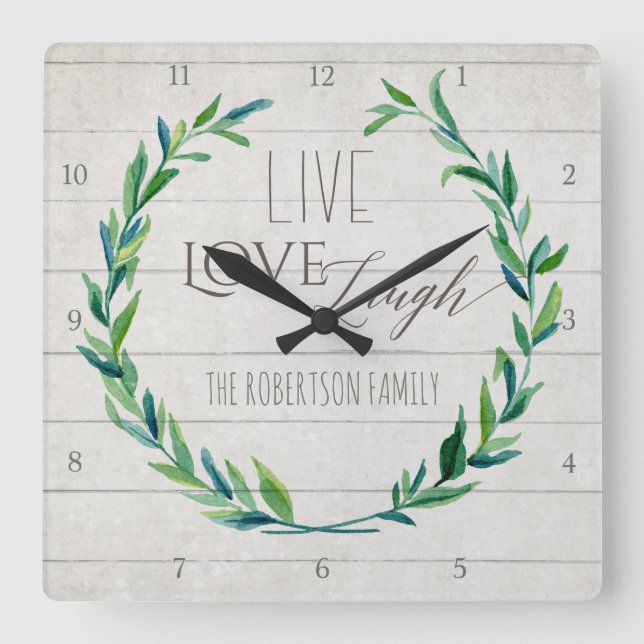 Reloj Cuadrado Campesina Shiplap Madera Rústica Leaf Wreath Famil (Anverso)