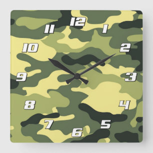 Reloj Cuadrado Camping Camo Caza Camuflaje Verde con números