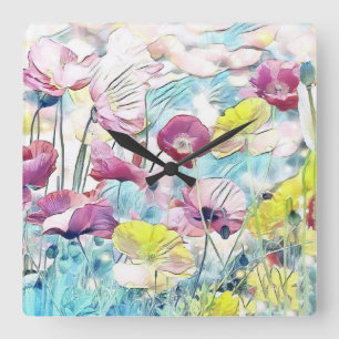 Reloj Cuadrado Campo acuarela vintage de flores de amapola  