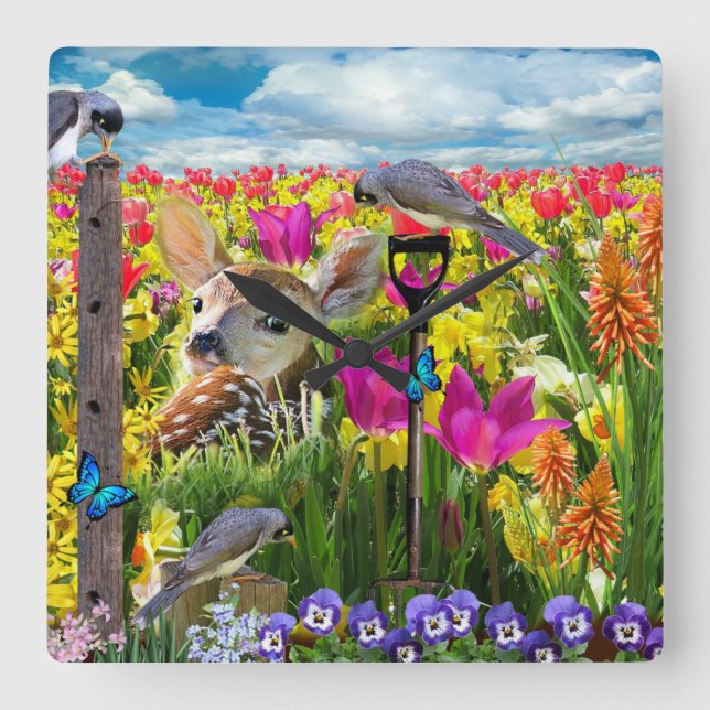 Reloj Cuadrado Campo de aves alba de flores (Anverso)