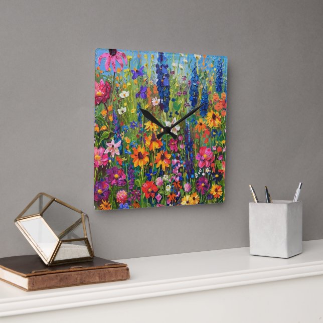 Reloj Cuadrado Campo de flores silvestres Pintura acrílica (Oficina)