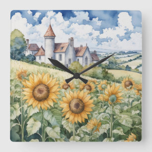 Reloj Cuadrado Campo francés con girasoles