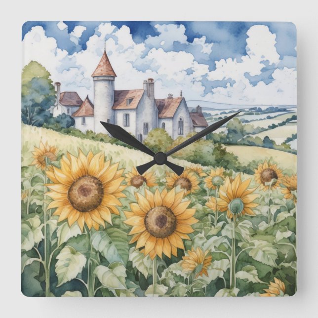Reloj Cuadrado Campo francés con girasoles (Anverso)