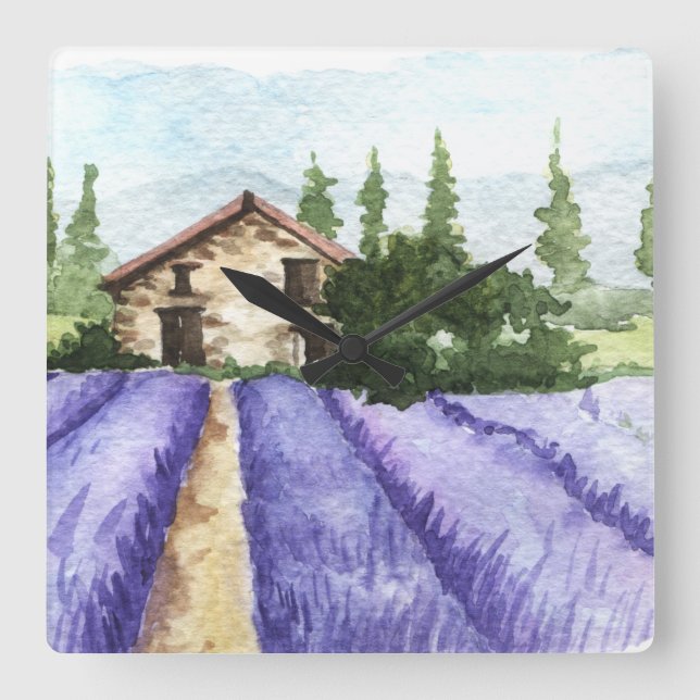 Reloj Cuadrado Campos de lavanda de decoración de campo franceses (Anverso)