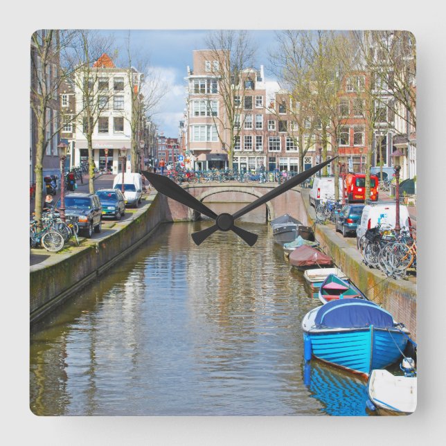 Reloj Cuadrado Canal de Amsterdam con barcos (Anverso)