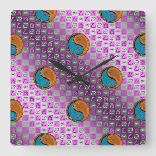 Reloj Cuadrado Cáncer y Gallo de Madera