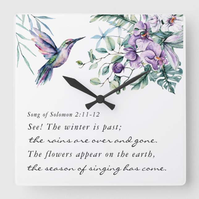Reloj Cuadrado Canción de Salomón 2:11-12 Flores de Hummingbird B (Anverso)