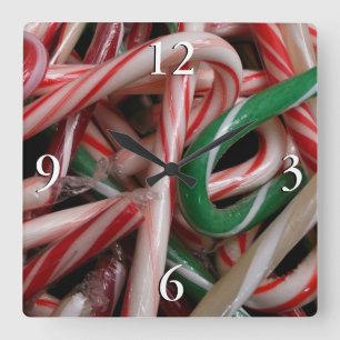 Reloj Cuadrado Candy Canes Navidades vacaciones Verde Blanco y Ro