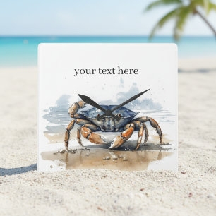 Reloj Cuadrado Cangrejo de playa en acuarela, personalizado