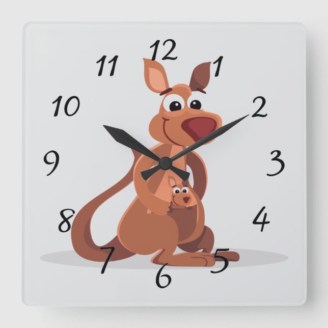 Reloj Cuadrado Canguro animado lindo con bebé (Anverso)