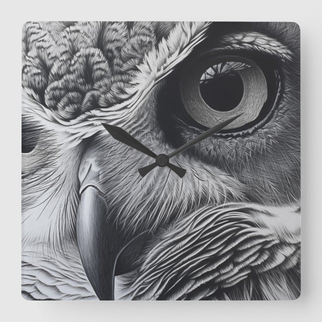 Reloj Cuadrado Cara de búho blanco y negro (Anverso)