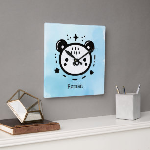 Reloj Cuadrado Cara de Oso Kawaii Lindo - Arte de Línea Minimalis