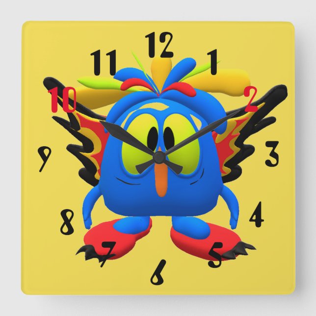 Reloj Cuadrado Carácter de pájaro búho colorido (Anverso)