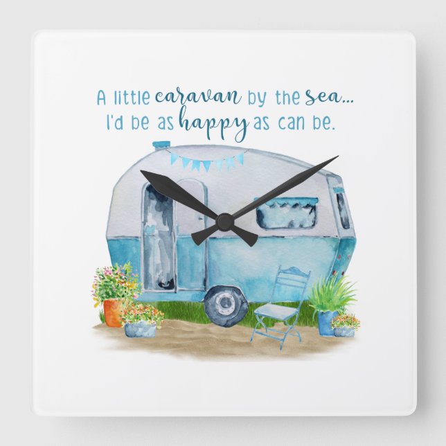 Reloj Cuadrado Caravana de caravana retro de cosecha blanca (Anverso)