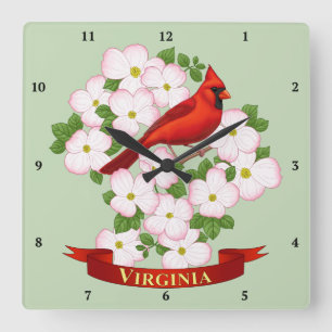 Reloj Cuadrado Cardenal estatal de Virginia Bird and Dogwood Flow