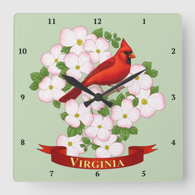 Reloj Cuadrado Cardenal estatal de Virginia Bird and Dogwood Flow (Anverso)