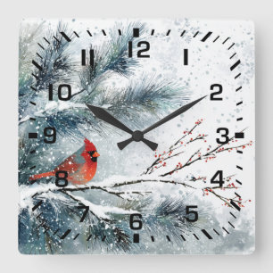 Reloj Cuadrado Cardenal Rojo en Rama de Pino Nevada
