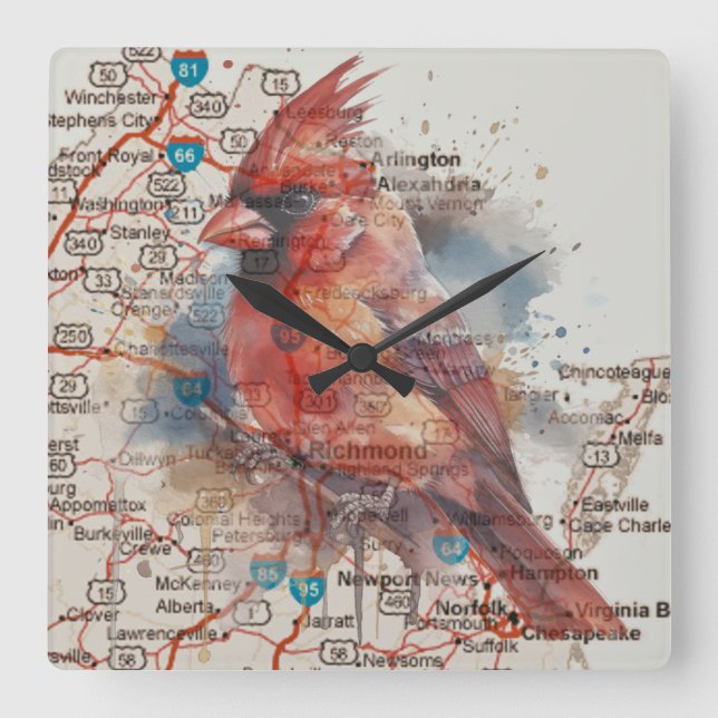 Reloj Cuadrado Cardenal sobre la hoja de ruta de Virginia (Anverso)