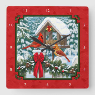 Reloj Cuadrado Cardenales Comedero de Pájaros de Navidad Rojo