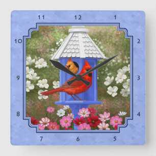 Reloj Cuadrado Cardenales y azul de la casa de aves redonda