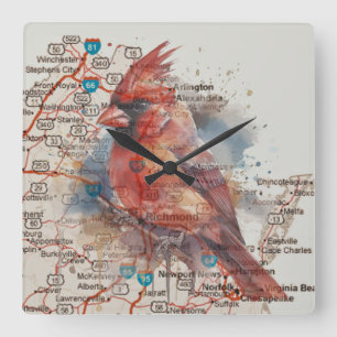 Reloj Cuadrado Cardinal en mapa de carreteras de Virginia Arte Ac