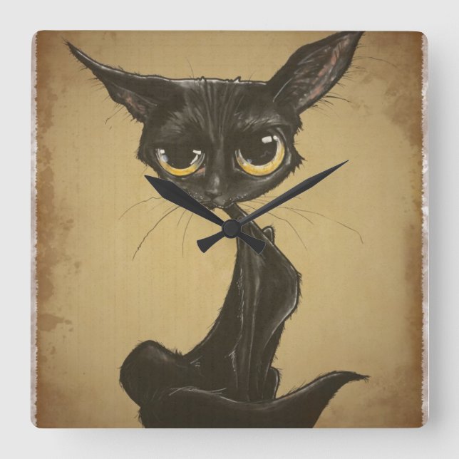Reloj Cuadrado Caricatura de gato negro y suave (Anverso)
