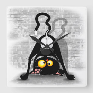 Reloj Cuadrado Caricatura divertida de caricatura de Cat Upside D