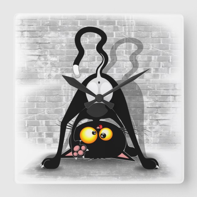 Reloj Cuadrado Caricatura divertida del gato boca abajo (Anverso)