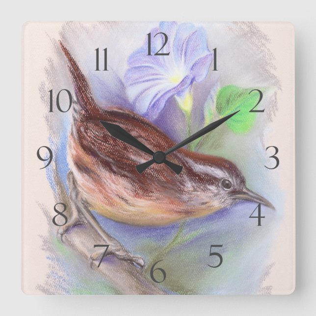 Reloj Cuadrado Carolina Wren con flores de gloria matutinas (Anverso)