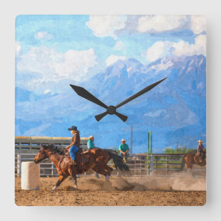 Reloj Cuadrado Carrera de barriles femenina de rodeo rústico occi