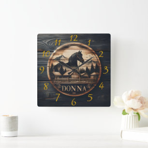 Reloj Cuadrado Carrera de madera de caballo y paisaje montañoso
