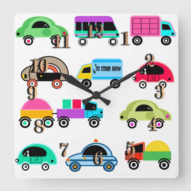 Reloj Cuadrado Carros divertidos (Anverso)