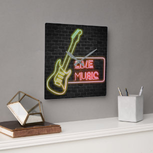 Reloj Cuadrado Cartel de guitarra de neón sobre ladrillo