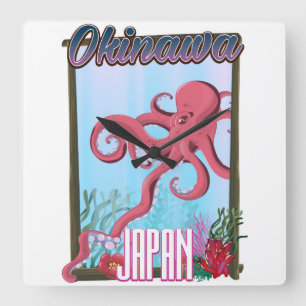 Reloj Cuadrado Cartel de viaje de calamar de Okinawa Japón