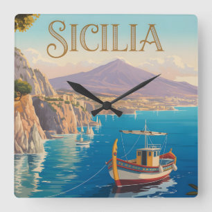 Reloj Cuadrado Cartel de viaje de estilo vintage para Sicilia Ita