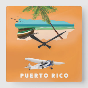 Reloj Cuadrado Cartel de viaje de mapa ilustrado de Puerto Rico.
